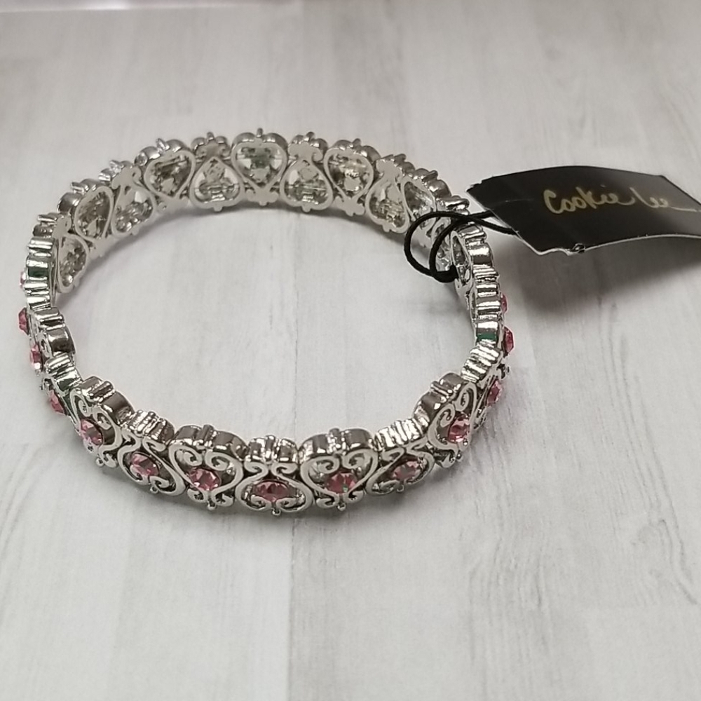Cookie Lee Silver & Pink Heart stretch bracelet NWT - Picture 2 of 8